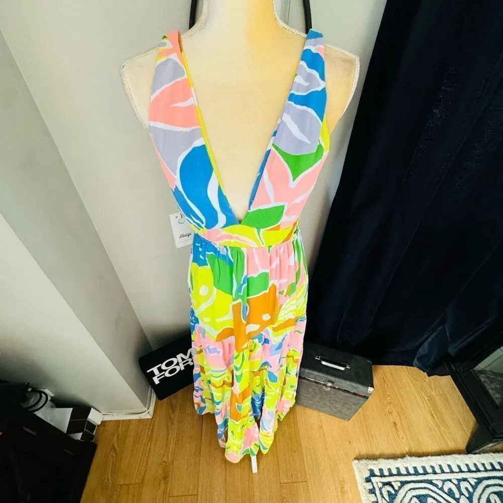 Maaji Selvatik Marea Knit Cover-Up Maxi Dress, Yellow/Blue‎ Size Small 2/4, NWT